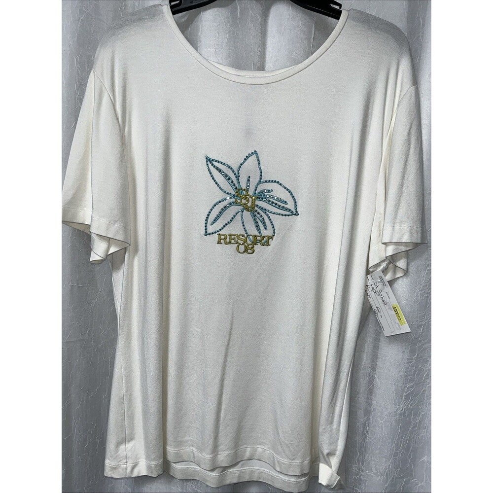 ST JOHN Sport Short Sleeve T-Shirt Top Ivory Viscose Stretch Studs Size XL NWT